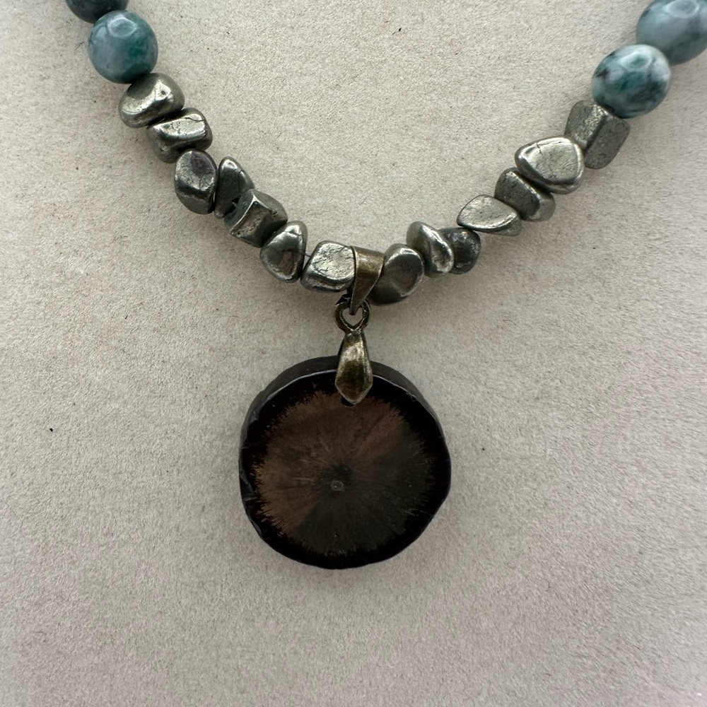 Pyrite and Jade Beaded Necklace with Pyrite Sun Pendant - Picture 2 of 12